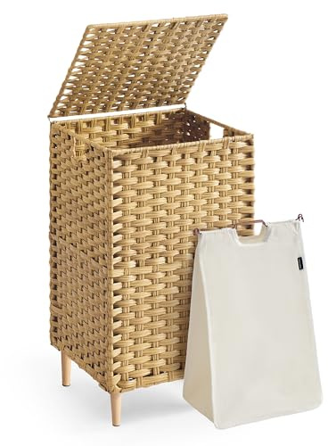 SONGMICS Laundry Hamper with Lid, 25 Gal (95L) PE Rattan Laundry Basket with Removable Washable Liners, for Bedroom & Living Room, Goose Yellow ULCB221YE01