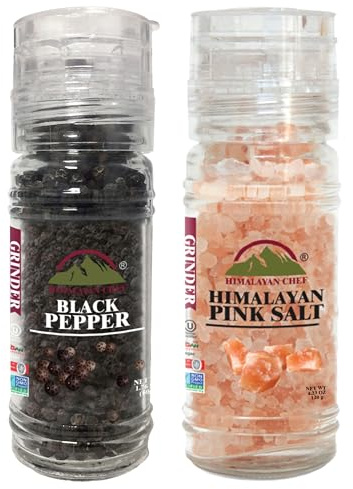 Himalayan Chef Pink Salt and Black Pepper Grinder Set – Refillable Glass Grinder, 5.3 Ounce, Non-GMO, Vegan & Kosher Certified, Perfect for Cooking and Seasoning