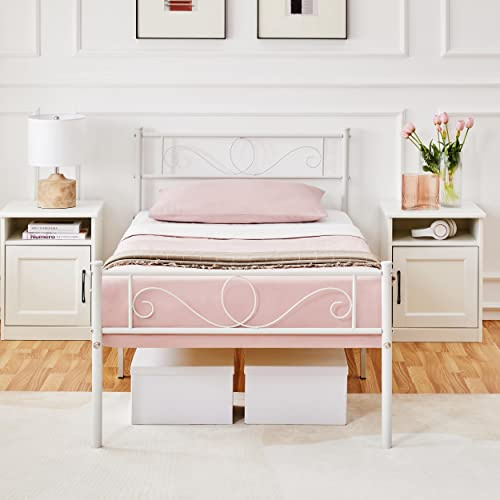 Yaheetech 3ft Single Bed Frame, Metal Platform Bed with Scroll Design Headboard and Footboard, Underbed Storage Space, White