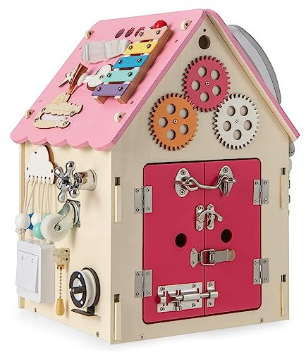 COSTWAY Cube d'Activité en Bois en Forme Maison avec Espace de Rangement Intérieur, Maison de Jouet Educative avec Coins Ronds, 33x33x45cm, Cadeau Précoces pour Garçon et Filles de 3 Ans+ (Rose)