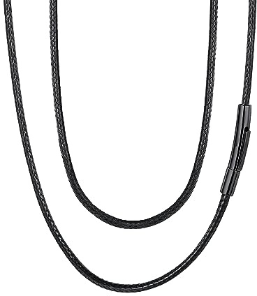 FaithHeart Collar de Cuero Cadena Hombre 2mm Cadenas Cordones Negros Cordon Cuero para Colgante con Cierre de Acero Inoxidable Negro Joyas Hombres Mujer 45cm