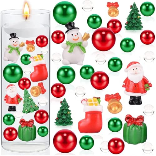 6054Pcs Christmas Vase Filler, Filler Beads Floating Pearls and Candy Water Beads for Vase, Christmas Red White Green Floating Pearls Acrylic Plastic Glass Candy Canes Vase Filler (I)