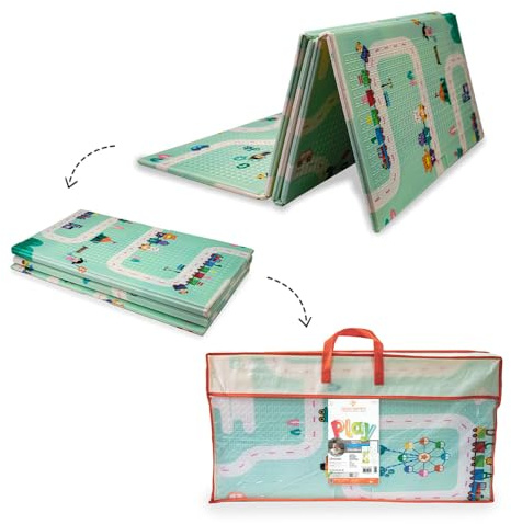 OLIVO.shop Tappeto gioco bambini pieghevole, Tappeto bambini, tappeto gioco neonato reversibile e non tossico, Tappeto cameretta 150x200 cm PLAY (STRADE/ANIMALI)