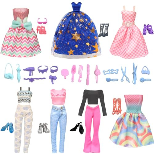 Vêtements pour poupée compatibles avec les vêtements Barbie, lot de 56 pièces comprenant 1 robe de mariée bleue, 3 tenues de mode, 2 blouses, 2 pantalons, 20 paires de chaussures, 18 accessoires au