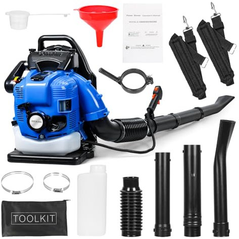Soplador de hojas de gasolina para la espalda, 75,6 cc, soplador de hojas de 4 tiempos, con sistema antivibración, arranque manual de 2,6 kW, soplador de hojas portátil para terrazas, jardines (azul)
