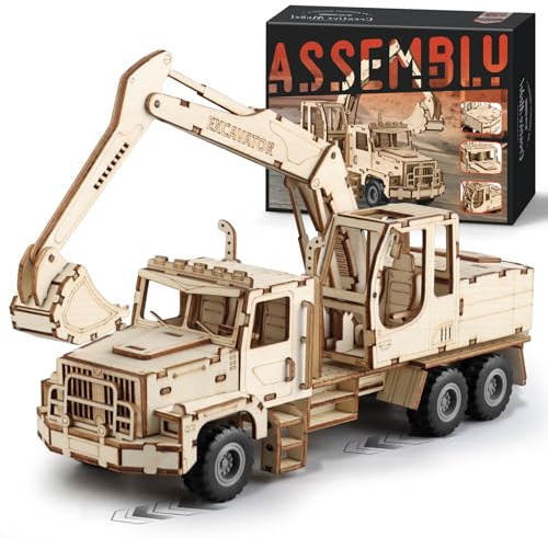 MOCBURIKU 3D Wooden Puzzle for Adults, Excavator Wooden Mechanical Model Car Kits to Build, Brain Teaser Pull Back Truck Toys Birthday for Men Women (Excavator)