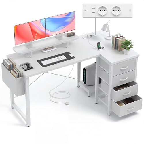 Claiks Corner Desk with Drawers,140x80cm L Shaped Desk with USB Charging Port & Power Outlet & Monitor Stand and PC Stand,Computer Desk with Storage Bag for Home Office Workstations,White