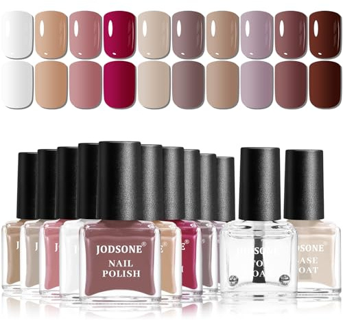 JODSONE 12 PCS Nail Polish Set 10 Color With 2PCS Base and Top Coat Quick Drying Fall Nude Brown Chocolate Red Color HolidayGift for Her