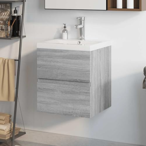 NiuBIKeLasI Washbasin Cabinet with Built-In Basin, Grey Sonoma Wood Material, 41 x 38.5 x 45 cm, with Tap, for Bathroom
