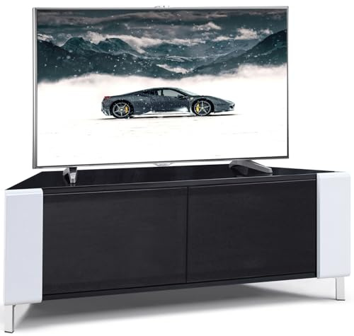 MDA Designs CORVUS Corner-Friendly Gloss Black Contemporary Cabinet with White Profiles Black BeamThru Glass Doors Suitable for Flat Screen TVs up to 50