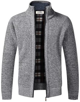 Jinsha Herren Strickjacke, Dicker Pullover, mit durchgehendem Reißverschluss, Stehkragen, warm, Fleece-gefüttert, Wintermantel(Light Gray XXL)