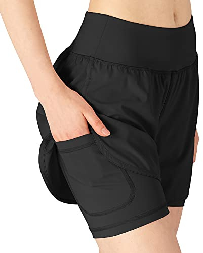 donhobo Womens Running Gym 2 in 1 Sports Shorts with Pockets Black L