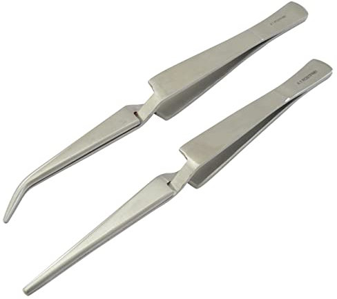 2er Lötpinzette - Klemmpinzette - Kreuzpinzette - Technische Pinzette Set, VOLLMETALL, mit gerader und gebogener Spitze, Länge 16 cm