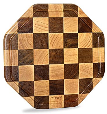 Planche à Découper & Plateau de Service en Bois, TJ POP Octagon Planche à Découper avec une Profonde Rainure pour le Jus, 31 x 31 x 2 cm, Parfait pour Pain, Viande, Fruits, Légumes et Fromages.