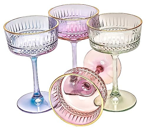 GOSOYO Farbige Vintage Coupe Gläser mit Goldrand, 4er Set, 260 ml/8,8 oz. Rotweingläser und Weißweingläser, Champagner, Cocktail, Martini, Gin und Prosecco Glas, Sektschalen