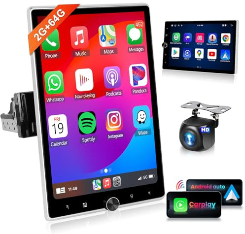 Motorized 2G+64G Single Din Radio with Wireless Carplay -10.4inch HD Vertical Rotatable Touch Screen- Wireless Android Auto FM/RDS EQ GPS Bluetooth with WiFi 50UIs USB MirrorLink Backup Camera
