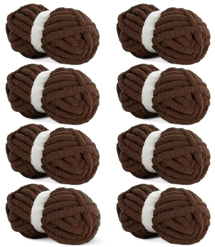 Hombys Dark Coffee Chunky Chenille Yarn for Crocheting & Knitting, Super Bulky, Soft Plush, 8 Jumbo Packs (27 yds, 8 oz Each)