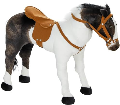 AIYAPLAY Stehpferd Spielpferd zum Reiten mit Sattel und Zaumzeug, 48 cm Höhe Reitpferd mit Soundfunktion, Plüschpferd bis 60 kg für Kinder 3-8 Jahre, Braun+Cremeweiß