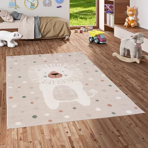 Happy Kids Kinder Löwe Beige Bunt - Weich, Strapazierfähig & Schadstoffgeprüft - Hoch-Tief-Struktur, 100% Polypropylen, Pflegeleicht, rutschfest - Perfekt für Kinderzimmer
