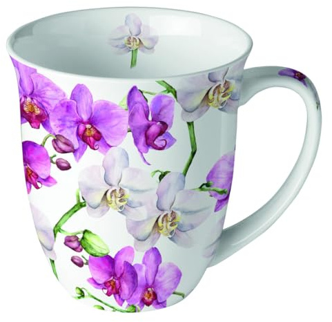 Ambiente kaffekopp tekopp mugg 0,4 l orkidé rosa vit fint ben Kina porslin blommor handtag mugg året runt motiv
