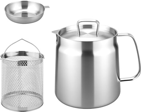 LUOJINYI Recipiente para grasa de tocino, olla de 2 litros con colador y tapa, para cocinar, freír y tamizar aceite, adecuada para todo tipo de cocinas, boquillas de acero
