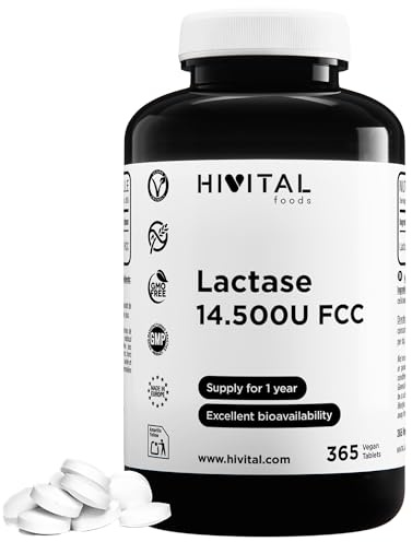 Lattasi 14500 unità FCC. 365 compresse vegane per un anno di trattamento. Enzima Lattasi per l'intolleranza al Lattosio, al Latte e ai suoi derivati. Prodotto in Europa da HIVITAL
