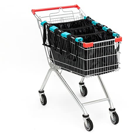 Handy Sandy Cart Caddy – 3-Pack Reusable Shopping Bags with Cart Clips | Heavy-Duty Grocery Organizer Tote Set | Eco-Friendly, Foldable, 40 lb Capacity | Black