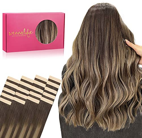 WENNALIFE Tape Extensions Echthaar, 20pcs 50g 40cm 16 Zoll Balayage Schokoladenbraun bis Honigblond Remy Invisible Tape Extensions Seidig Gerade Echthaar Extensions Skin Weft Tape Ins