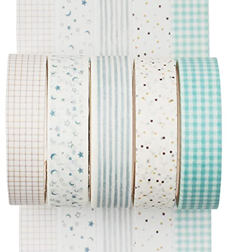 YUBX Maigre Washi Tape Set Masking Tape 5 rouleaux Ruban adhesif decoratif pour Scrapbooking Artisanat de Bricolage 10MM de large (Cyan Dew)