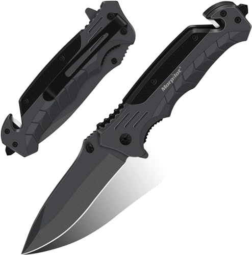 morpilot Navaja Plegable Cuchillo de Acero Inoxidable con Punta Rompevidrio y Cutter Cinturón Cuchillo Plegable con Mango Acero Inoxidable para Acampar, Picnic, Caza