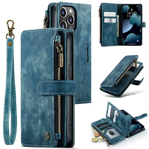 UEEBAI Wallet Case for iPhone 13 Pro 6.1 inch, Premium Handmade PU Leather Phone Case Card Slots Magnetic Closure Zipper Pocket Kickstand Flip Case with Hand Strap - Vintage Blue