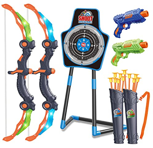SpringFlower 2 Bow and Arrow Sets with LED Light-up,2 Foam Dart Guns for Kids 5 6 7 8 9 10+ Years Old, Archery Set with Standing Target for Boys & Girl, for Kids