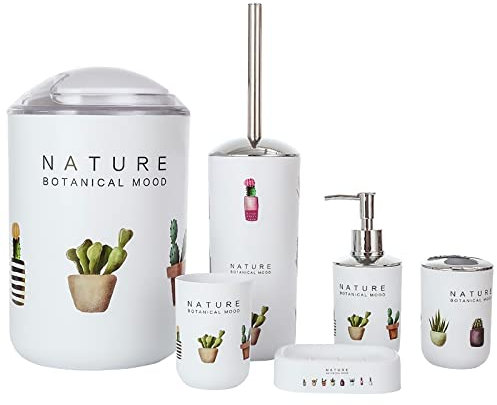 PITRAK 6-teiliges Badezimmer-Zubehör-Set aus Kunststoff, Lotion Flaschen mit Sukkulenten Muster, Zahnbürstenhalter, Zahnbecher, Seifenschale, Toilettenbürste, Mülleimer