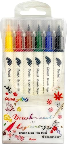 Pentel Brush Sign Pen Twin SESW30C fiberpenna, 2 borstliknande spetsar, blandade (6 stycken – färgsorterade)