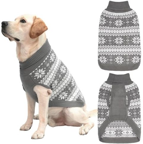 KOOLTAIL Kabelstickad hundtröja polotröja, kallt väder pullover klassiskt stickat, snöflingemönster tjocka varma vinter husdjurskläder, hund jultröja för små medelstora hundar katter, grå L