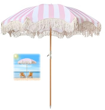 ELZEM 180cm Strandschirm Uv Schutz Rosa Balkonschirm Mit Quasten Gartenschirm Neigbar Sonnenschirm 8 Rippen Tischschirm Wasserdicht Knickfunktion Für Garten Terrasse Pool Balkon/Tragetasche