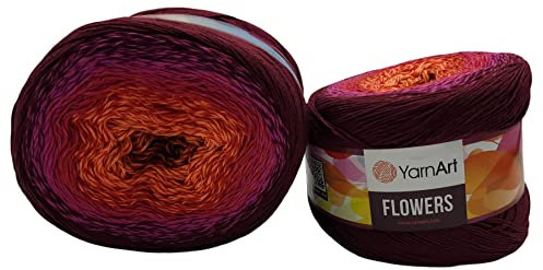 2 x 250g Ilkadim Export Flowers Bobbel Wolle Mehrfarbig, 55% Baumwolle, 500g Bobble Strickwolle mit Farbverlauf (bordeaux pink rot orange 310)