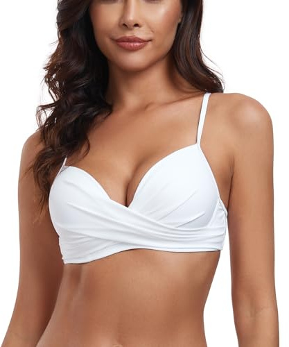 RELLECIGA Haut de Maillot De Bain Bikini Top pour Femme avec Torsade à l'avant et Armatures Blanc L