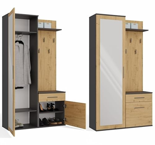 BDW Set di 5 ganci appendiabiti con specchio, armadio con anta e cassetto, moderni, 180 x 100 x 35 cm (rovere antracite/artisan)