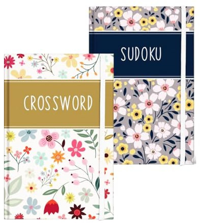 Sixstore Sixstore - Set di 2 quaderni tascabili da viaggio, formato A6, motivo: Sudoku e cruciverba, dimensioni 15 x 10,5 cm, con elastico, motivo floreale