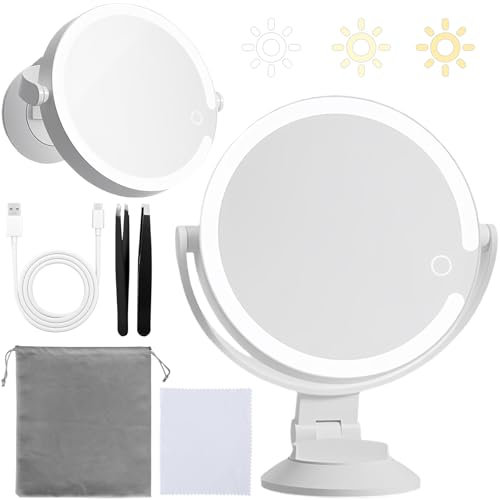 IGUGI Specchio Ingranditore 10x,Specchio Trucco con Luci,Ricaricabile,Rotazione a 360°,3 Colori di Luce LED,Luminosità Regolabile,Ventosa Potente,Pinzette per Vanità Del Bagno e Viaggio