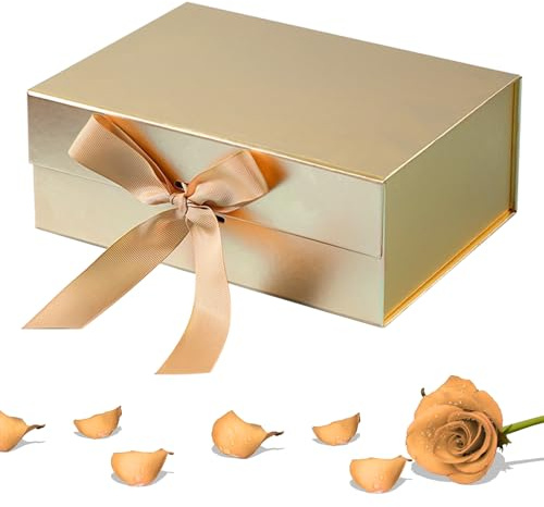 Scatola regalo - 22 x 16 x 8,5 cm - Con coperchio - Con chiusura magnetica e nastro regalo - Per matrimonio, anniversario, anniversario di matrimonio - Dorato