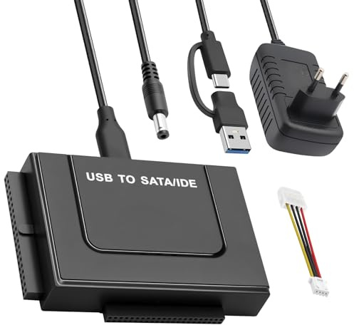 Pixelure 6Gbps USB3.1 zu IDE/SATA Festplatte Adapter Für 2,5/3,5 Zoll HDD/SSD,IDE USB Adapter FestplatteAdapter Konverter SATA UsbAdapter Für Windows/MacOS/Linux Mit 12V/2A Netzteil,USBKabel,SATAKabel