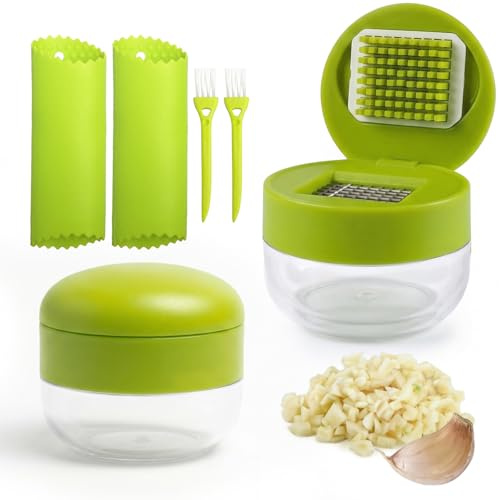 2x Knoblauchpresse Set 3-in-1, Edelstahl Garlic Press mit Silikon-Knoblauchschäler und Reinigungsbürste, Küchenhelfer für Zerkleinerten Knoblauch, Ingwer und Zwiebeln