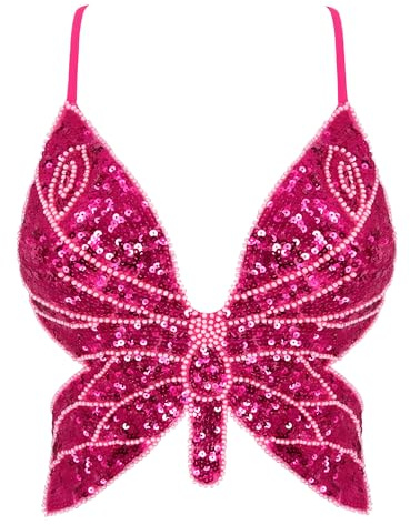 Mocure Women's Butterfly Sequin Crop Top - Sexy Sleeveless Halter Rave Wrap Tube Vest for Belly Dance & Outfits