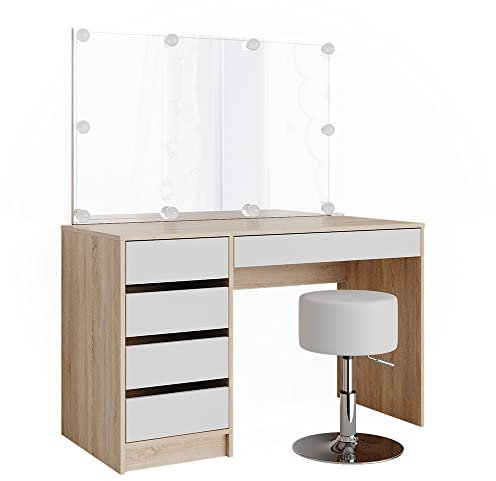 Vicco Schminktisch Sherry, Sonoma/Weiß, 120 cm mit LED Beleuchtung und Hocker
