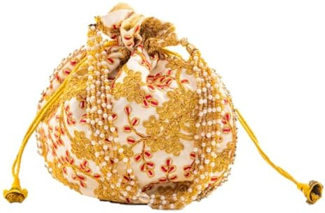Tarini Gallery Potli Clutch Off White Batawa Bag Purse Embroidered Embellished Handmade Traditional Ethnic Golden Work Ladies Handbag for Girls Women for Party Wedding Special Occasion and Gifting