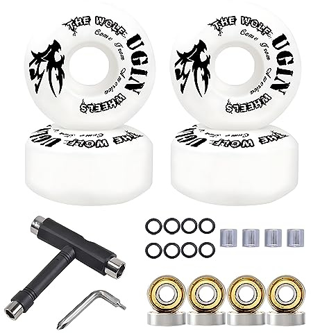 LONTOHCE Skateboard Wheels 52mm 95A with Tool Set, Skateboard Wheel Bearings,Skateboard Tools Washers, Freestyle Skateboard Wheel Tips Street Skateboard (White)