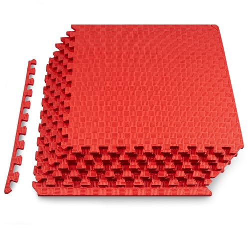ProsourceFit Exercise Puzzle Mat ½-in, Checkered EVA Foam Floor Tiles w/Non-Slip Texture, Gym Mat w/Interlocking Foam Tiles for Adjustable Surface, Shock Absorbing, Waterproof Gym Flooring, Red
