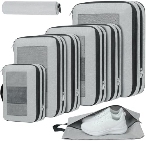 Prezon Lot de 6 cubes de rangement compressibles, organisateurs extensibles pour valise, parfaits pour le voyage et le rangement à la maison, Maille carrée, Gris étain